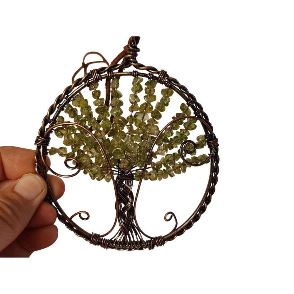 Handmade Peridot Chip Rocks Tree of Life Wire Suncatcher Sun Catcher 4" Boho